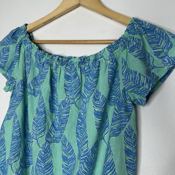 Vineyard Vines Off the Shoulder Dress Size XS Linen Blend Blue Green Palm Print - Picture 2 of 9